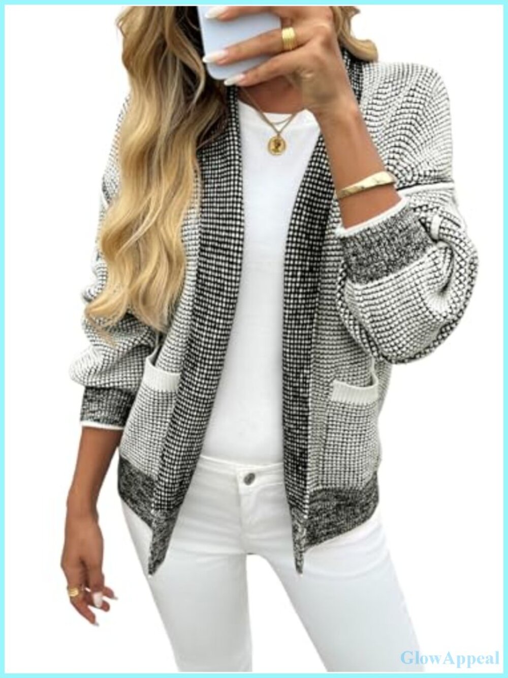 Waffle Knit Open Front Cardigan Sweater with Pockets
